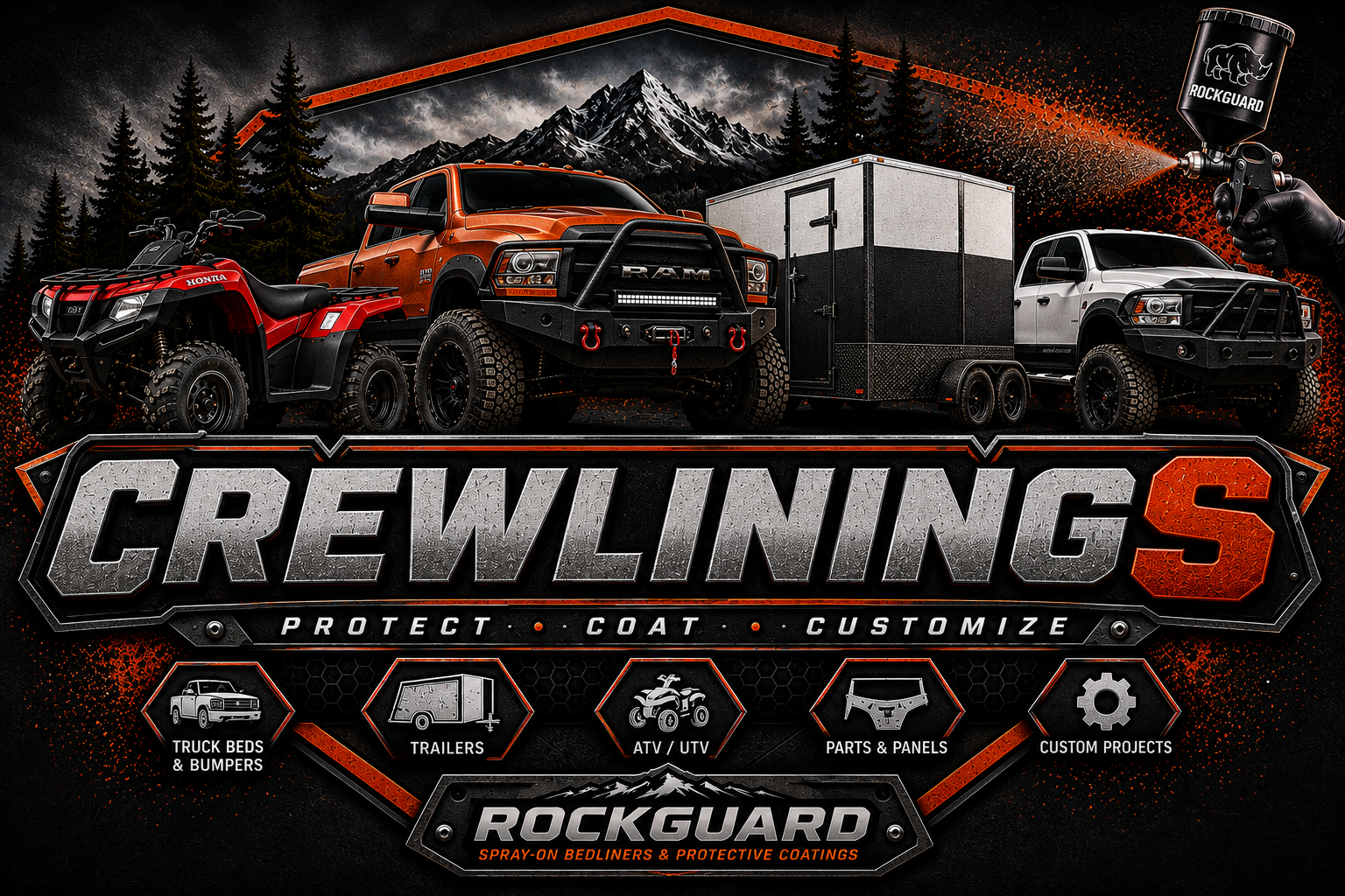 Crewlinings Rockguard branding banner with trucks, Honda ATV, trailer and protective coating graphics